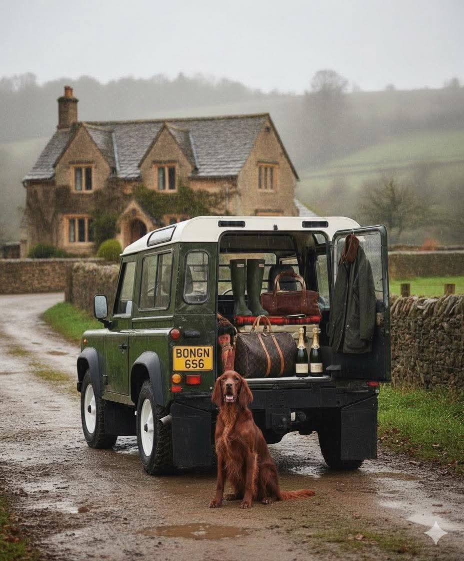 English countryside estate with a red bloodhound sitting outside the trunk of a 1970s land rover defender filled with luggage incuding a louis vuitton duffel bag and barbour coat