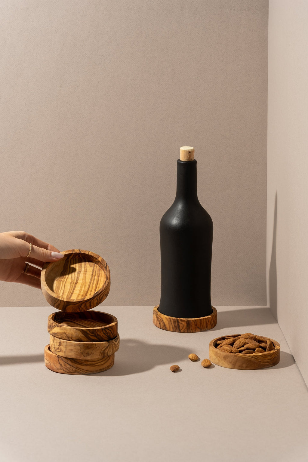 Versatile Olive Wood Bottle Stand and Snack Bowl