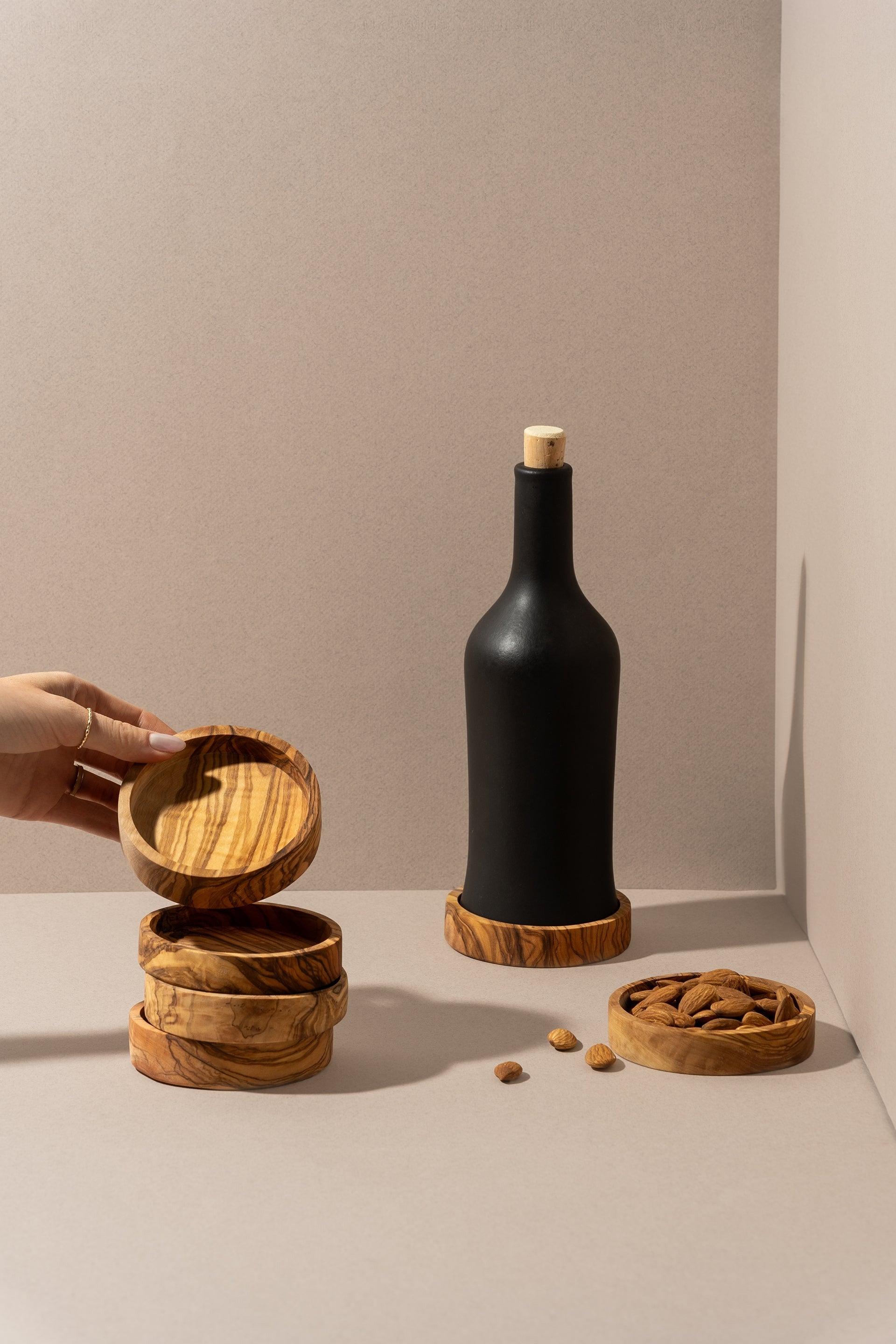 Versatile Olive Wood Bottle Stand and Snack Bowl