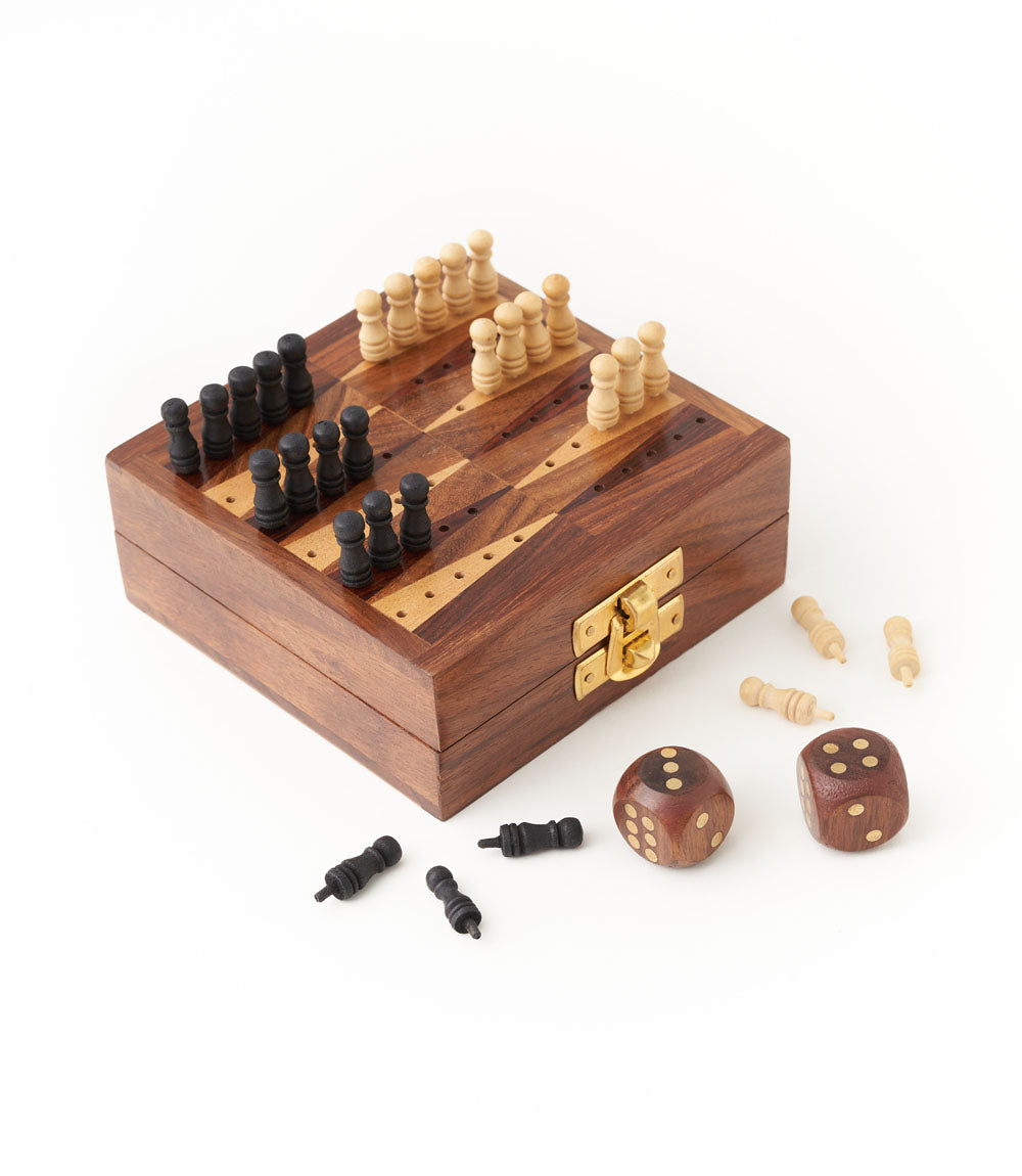 Handcrafted Wood Mini Backgammon Travel Game Set