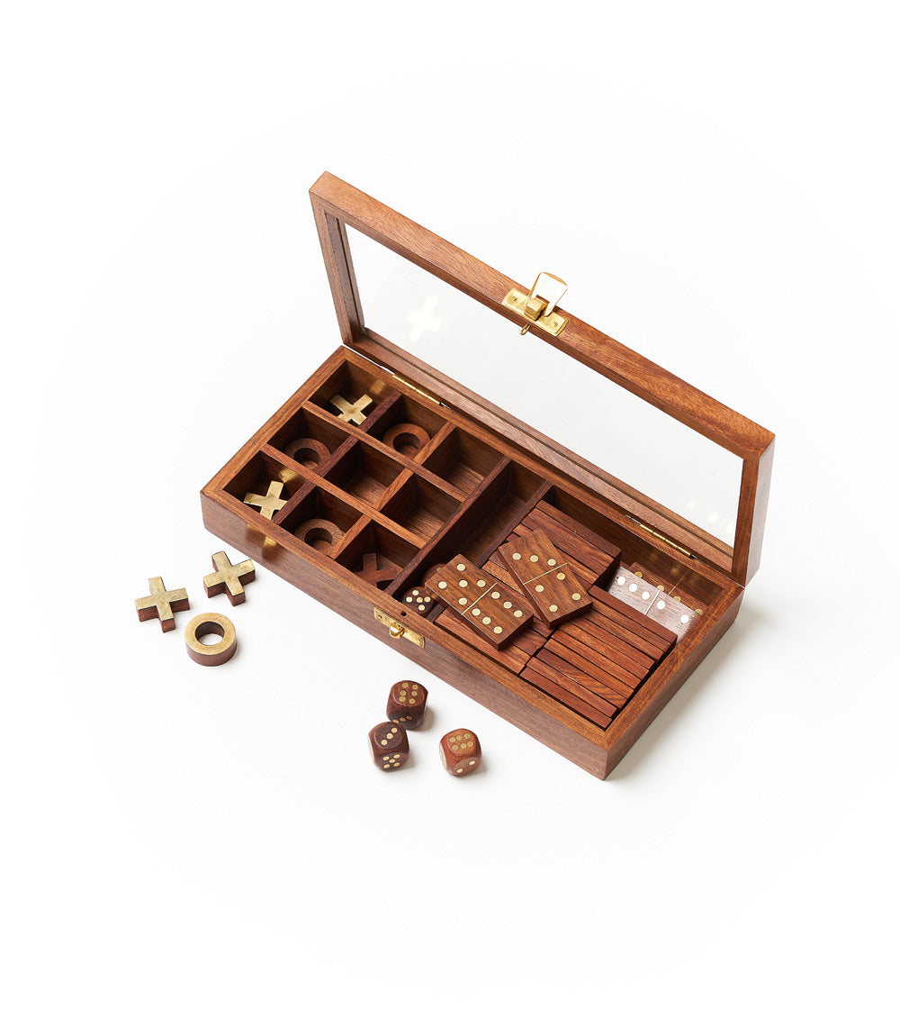 Handcrafted Wood 3-in-1 Game Set - Dice, Dominoes, Tic Tac Toe