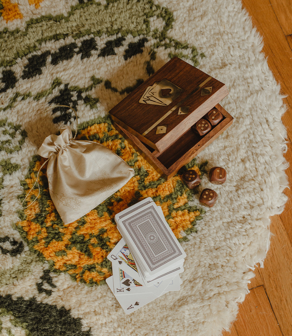 Handcrafted Wood Game Night Box (5 Dice, Playing Cards)