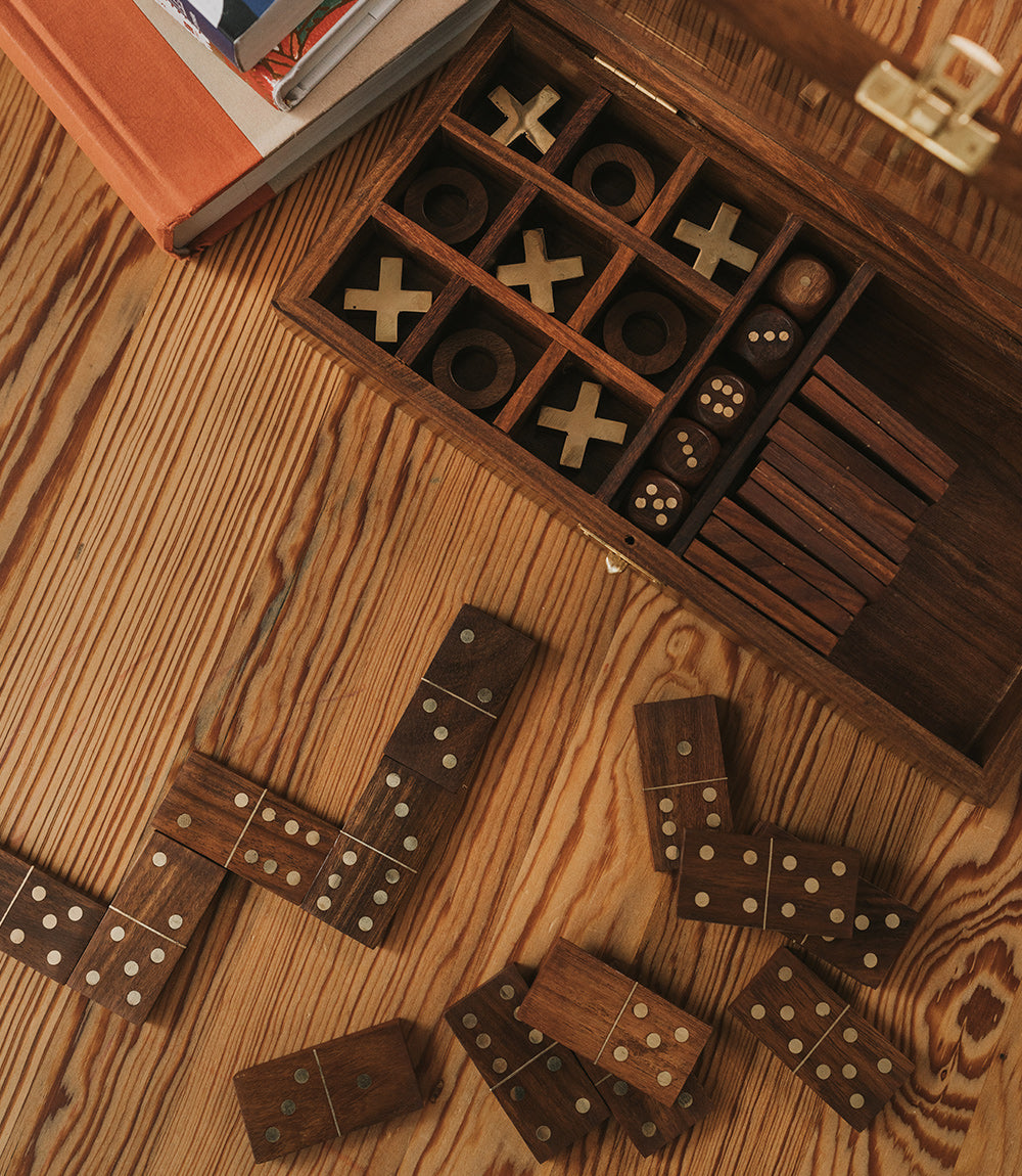 Handcrafted Wood 3-in-1 Game Set - Dice, Dominoes, Tic Tac Toe