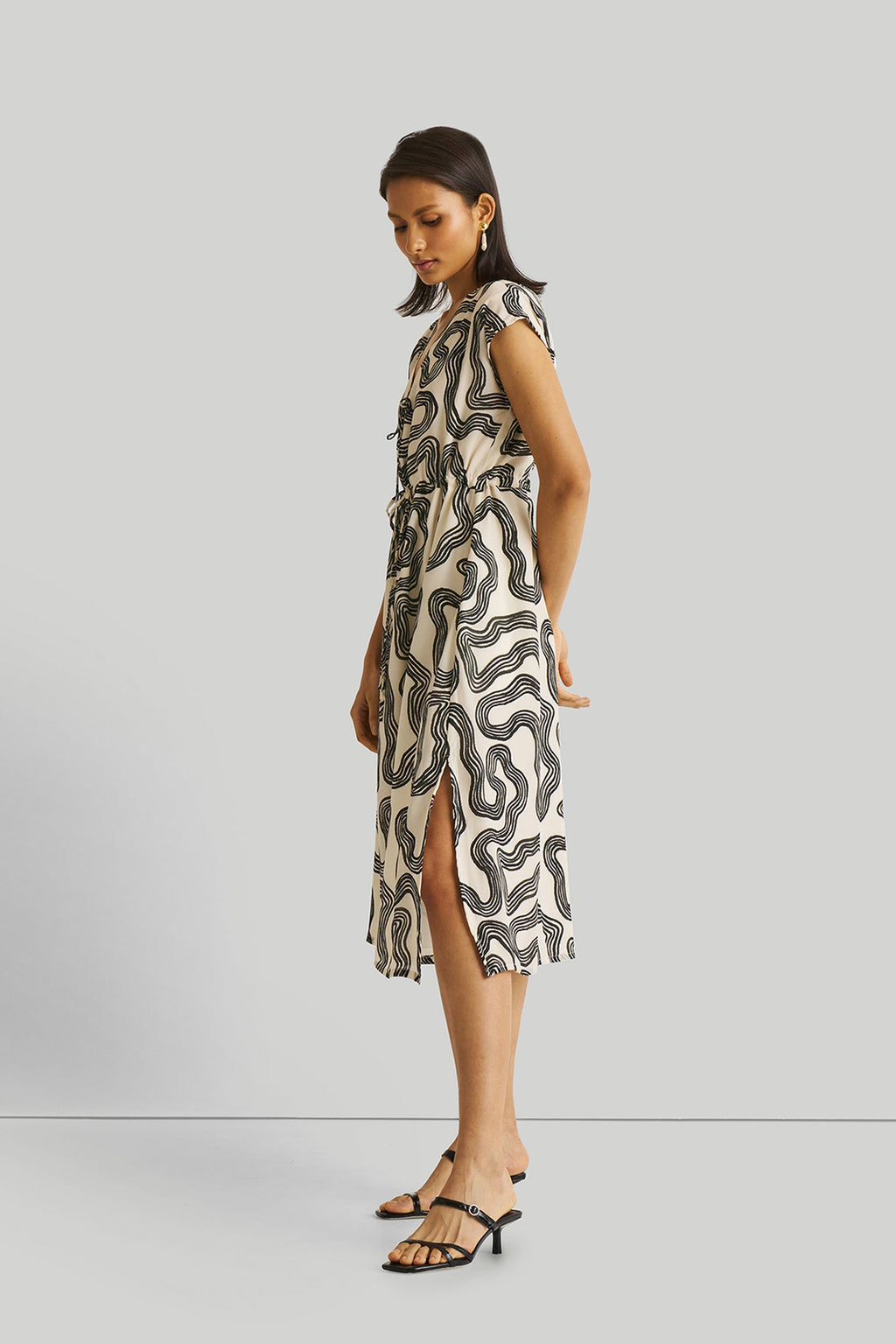 Deep V-neck Gathered Dress in Black Stripes