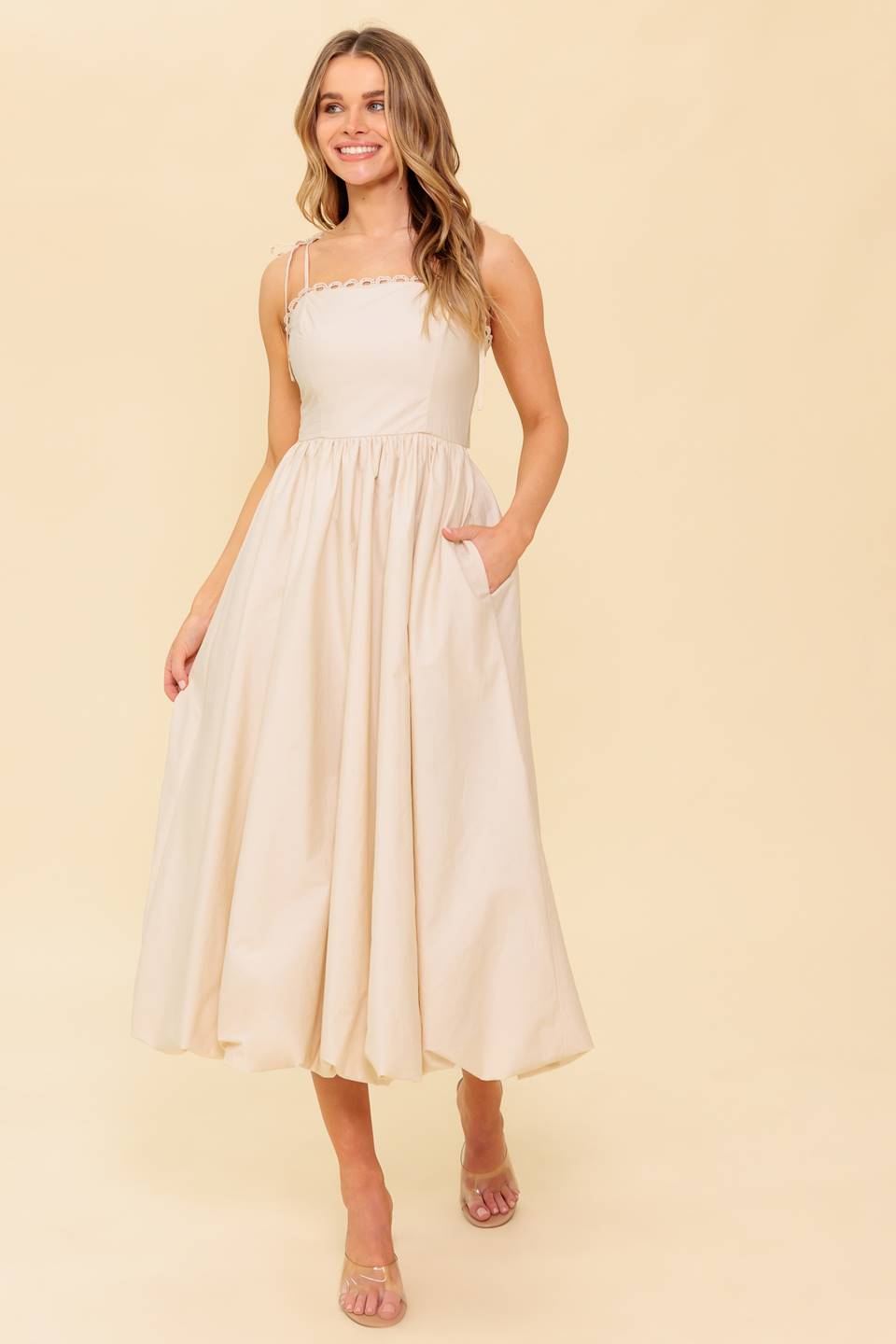 REGAL CUTIE CREAM WOVEN MIDI DRESS