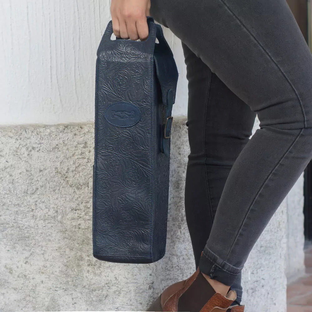 Tooled Leather Single Bottle Wine Carrier