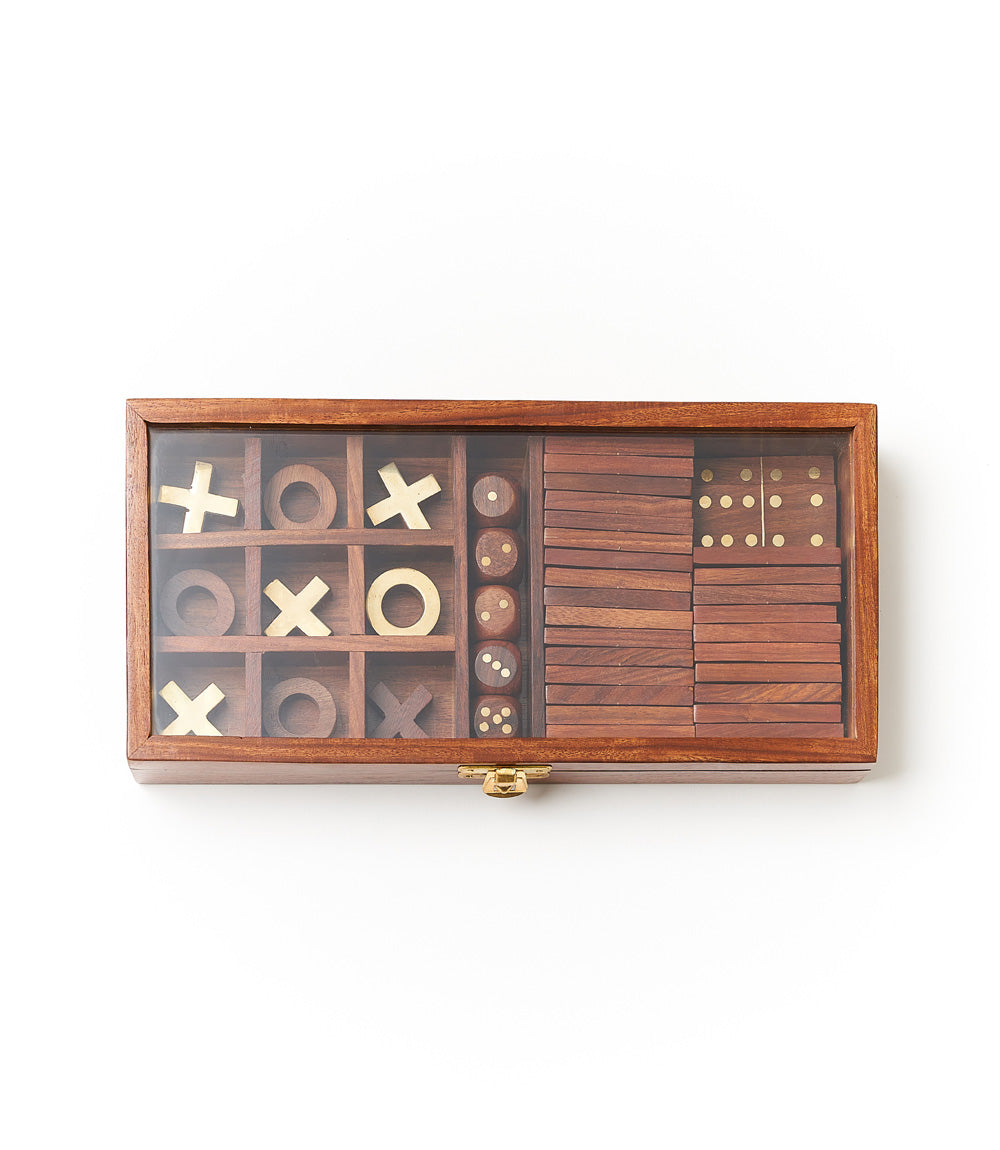 Handcrafted Wood 3-in-1 Game Set - Dice, Dominoes, Tic Tac Toe