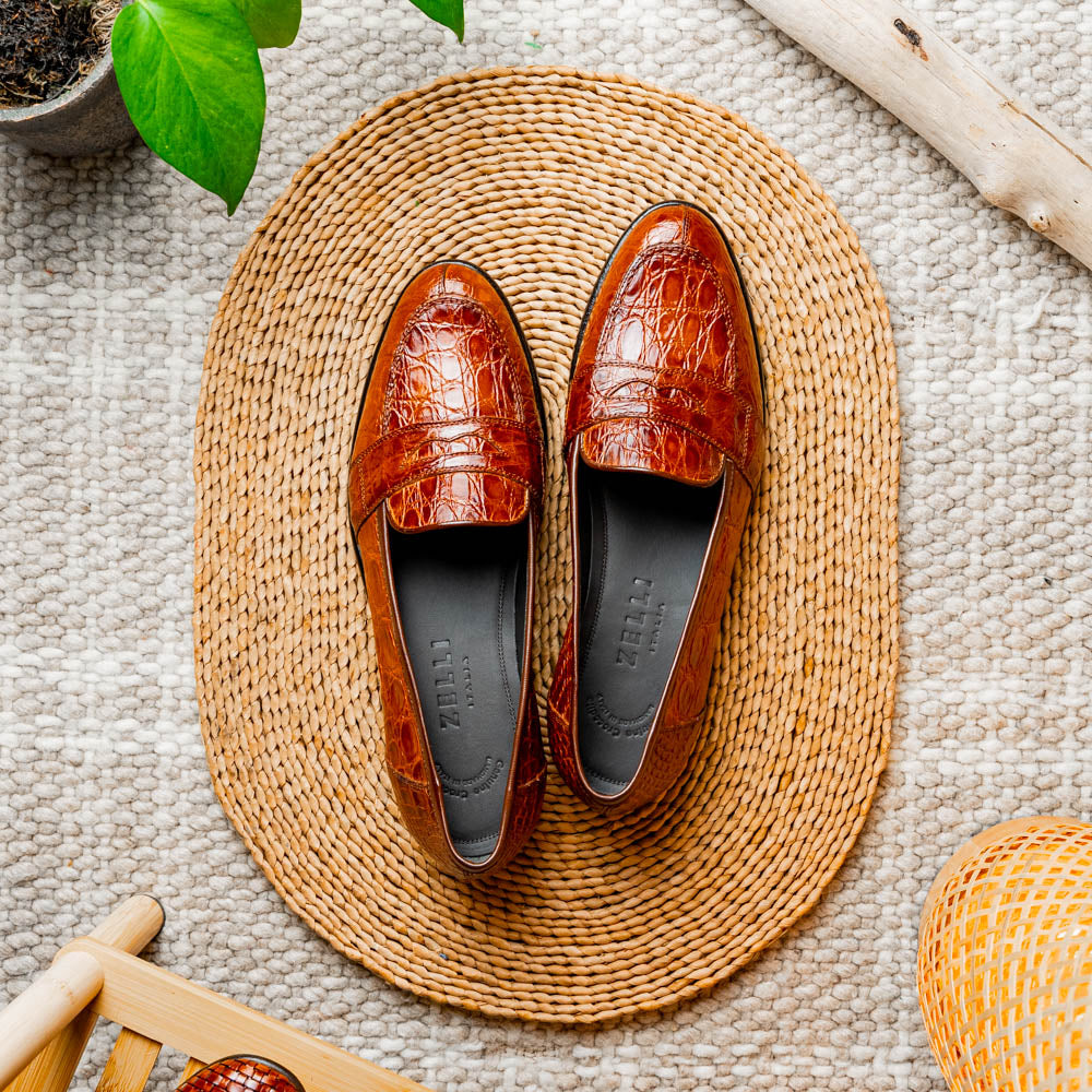 11-119-CGN TUSCANY Crocodile Penny Loafer, Cognac